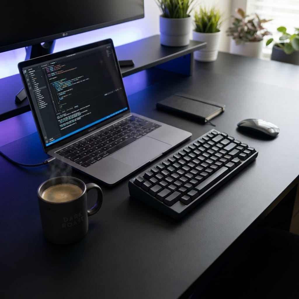 Workspace with coffee and keyboard